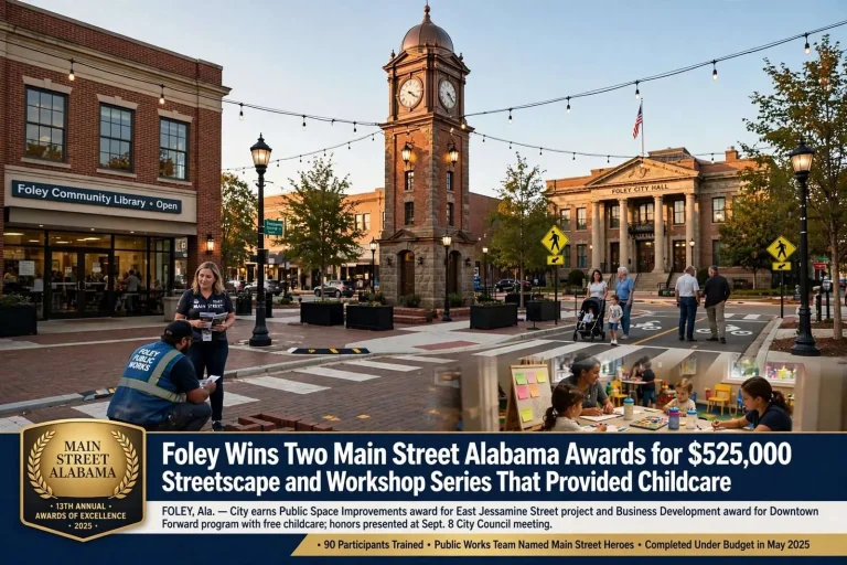 Illustration for the news story: Foley Wins Two Main Street Alabama Awards for a $525,000 Streetscape and a Workshop Series That Provided Childcare