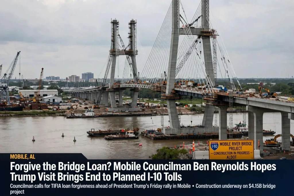 Illustration for the news story: Forgive the Bridge Loan? Mobile Councilman Ben Reynolds Hopes Trump Visit Brings End to Planned I-10 Tolls