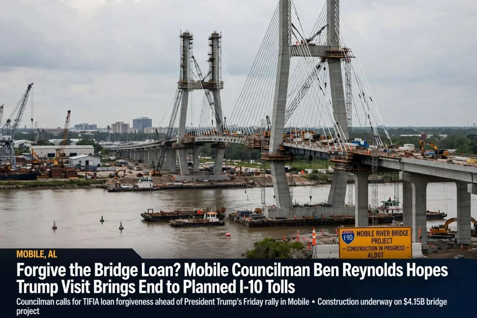 Illustration for the news story: Forgive the Bridge Loan? Mobile Councilman Ben Reynolds Hopes Trump Visit Brings End to Planned I-10 Tolls