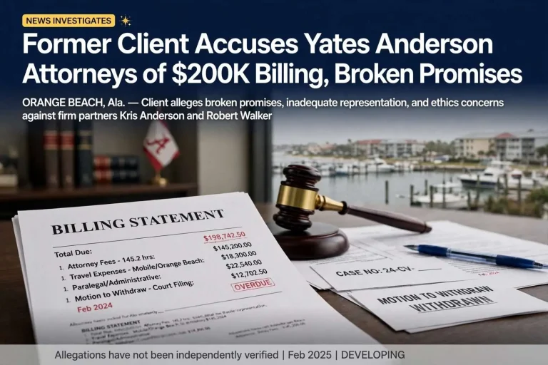Illustration for the news story: Former Client Accuses Yates Anderson Attorneys of $200K Billing, Broken Promises