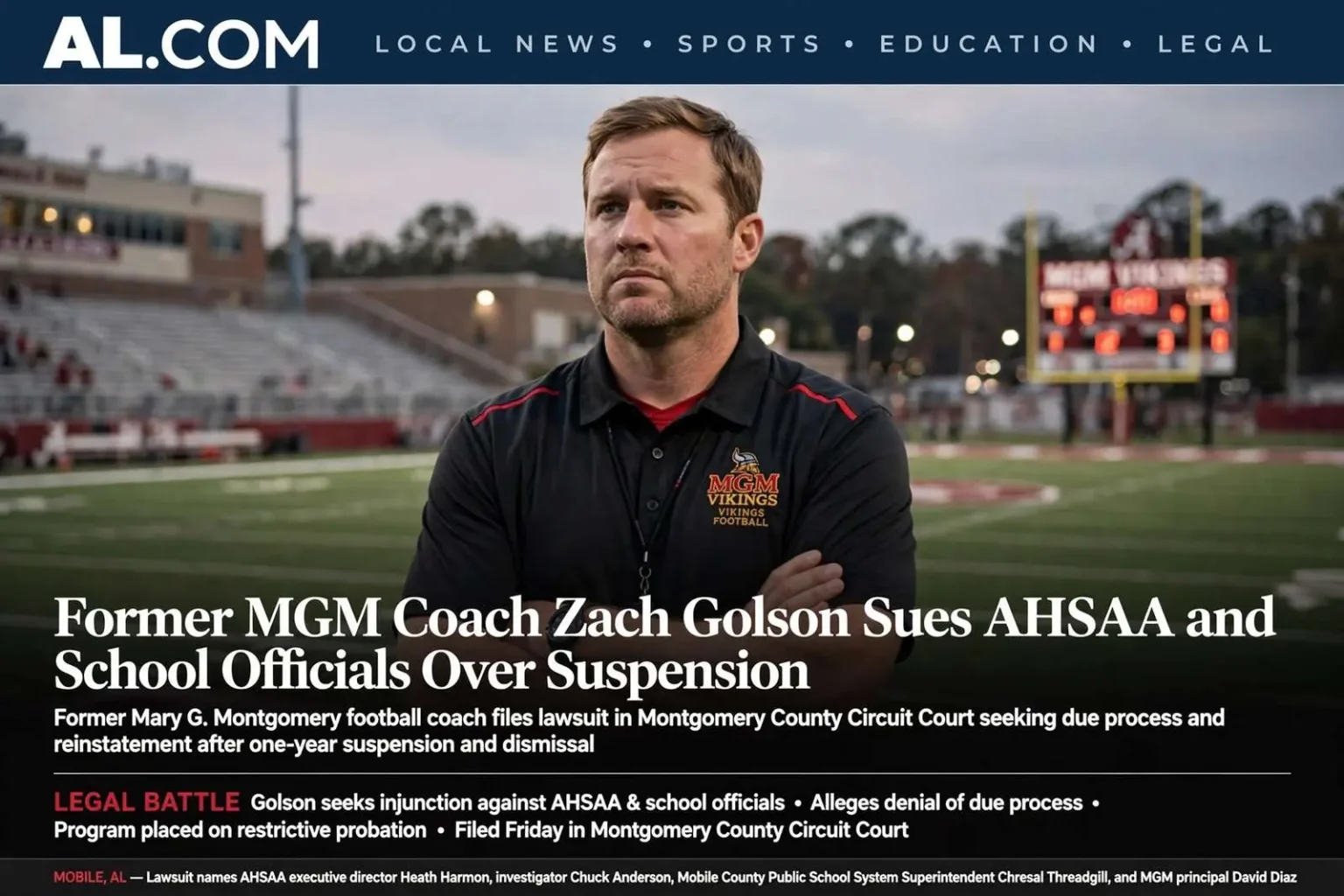 Illustration for the news story: Former MGM Coach Zach Golson Sues AHSAA and School Officials Over Suspension