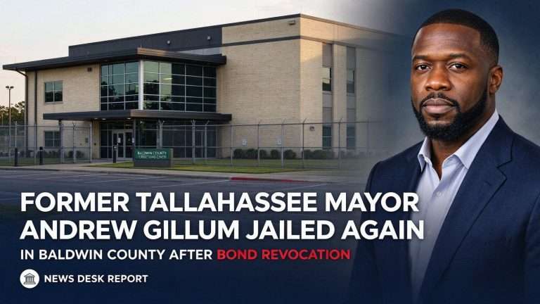 Illustration for the news story: Former Tallahassee Mayor Andrew Gillum Jailed Again in Baldwin County After Bond Revocation