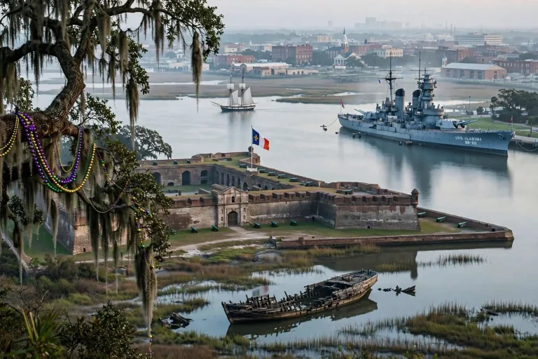 Illustration for the news story: Founded by the French, Claimed by Empires: Historians Reflect on Mobile’s Place in 250 Years of American History