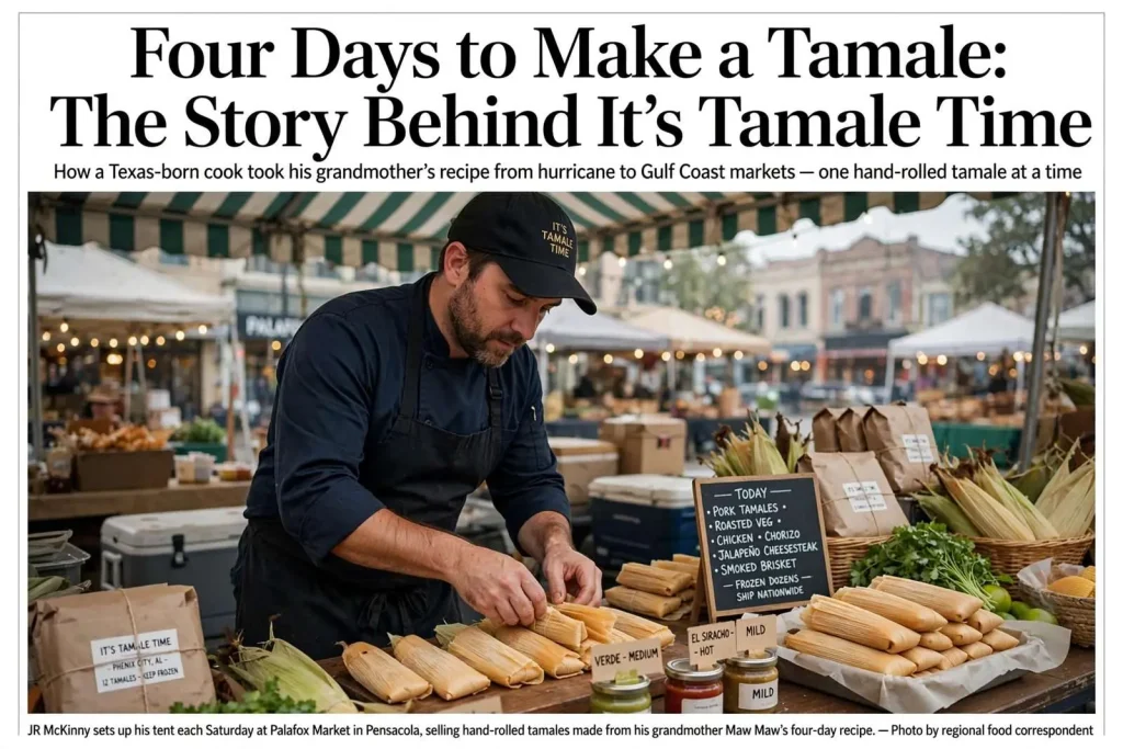 Illustration for the news story: Four Days to Make a Tamale: The Story Behind It’s Tamale Time