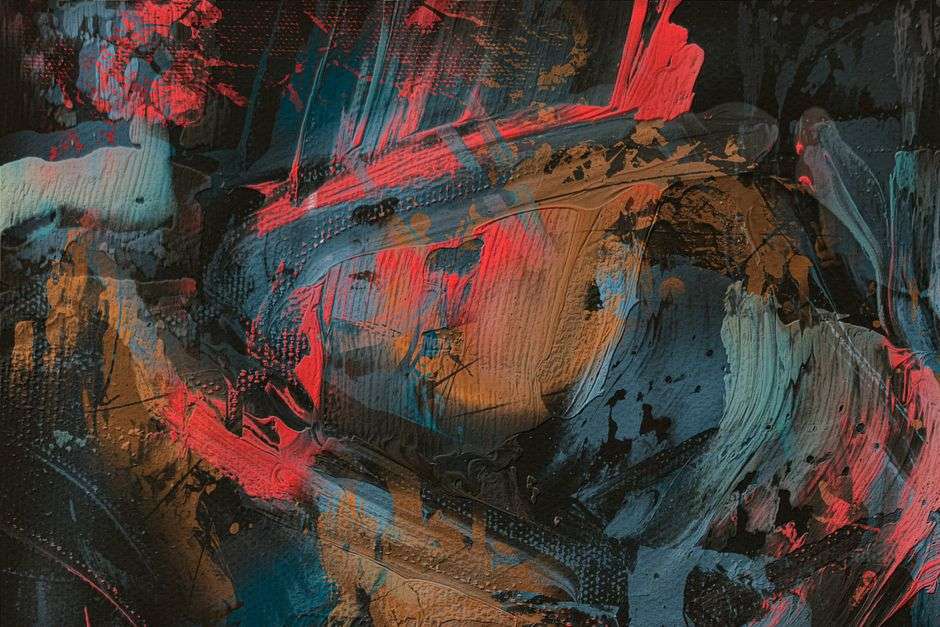 A colorful abstract painting with layered brush strokes on a canvas