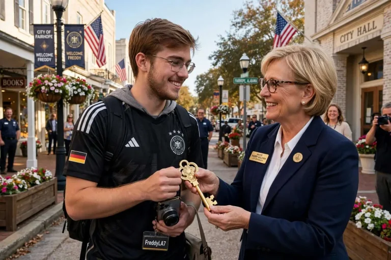 Illustration for the news story: Viral German Soccer Fan Freddy Returns to Fairhope, Receives Key to the City