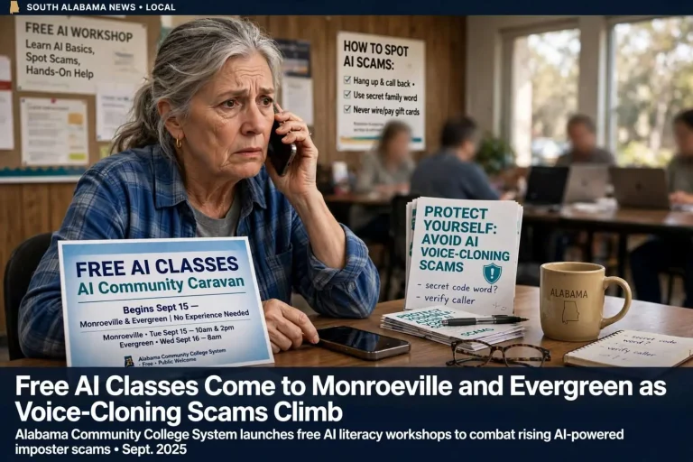 Illustration for the news story: Free AI Classes Come to Monroeville and Evergreen as Voice-Cloning Scams Climb