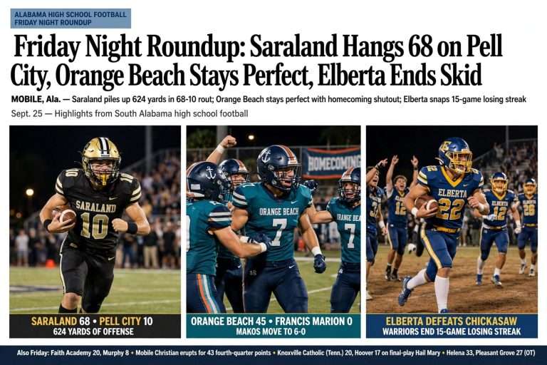 Illustration for the news story: Friday Night Roundup: Saraland Hangs 68 on Pell City, Orange Beach Stays Perfect, Elberta Ends Skid