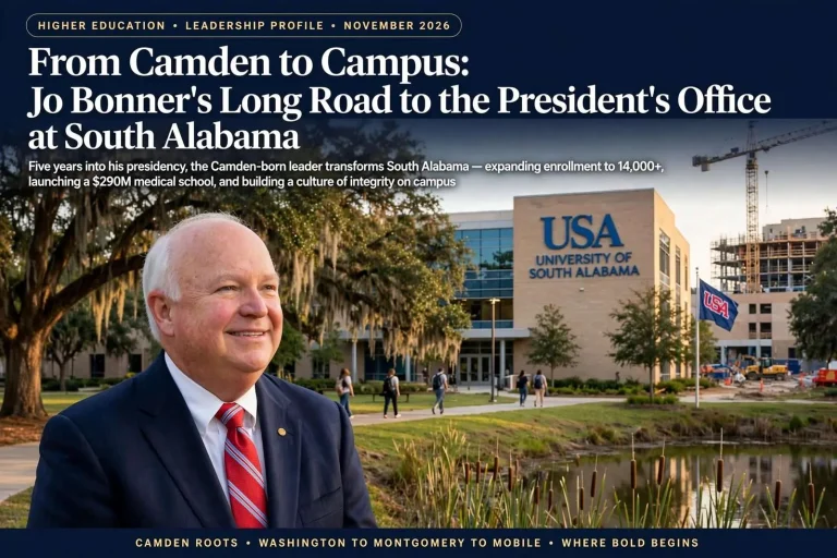 Illustration for the news story: From Camden to Campus: Jo Bonner’s Long Road to the President’s Office at South Alabama