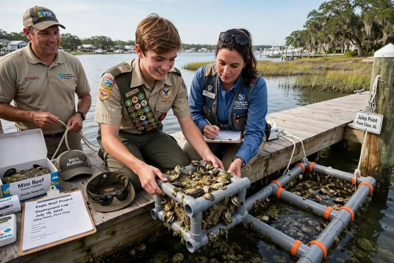 Illustration for the news story: From Eagle Scout Project to Coastal Movement: The Mini Reefs Cleaning Mobile Bay’s Water