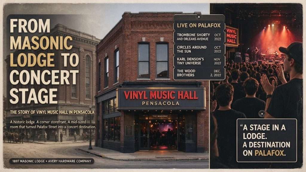 Illustration for the news story: From Masonic Lodge to Concert Stage: The Story of Vinyl Music Hall in Pensacola