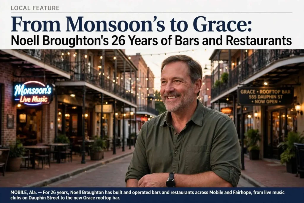 Illustration for the news story: From Monsoon’s to Grace: Noell Broughton’s 26 Years of Bars and Restaurants