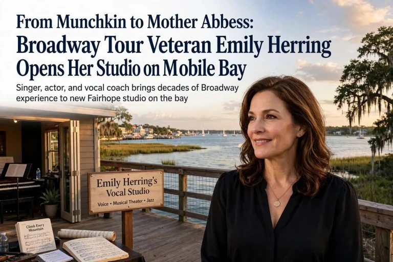 Illustration for the news story: From Munchkin to Mother Abbess: Broadway Tour Veteran Emily Herring Opens Her Studio on Mobile Bay
