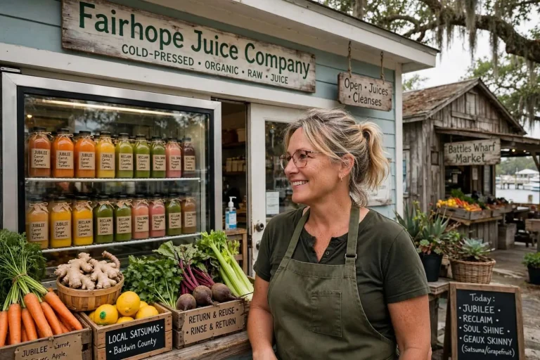 Illustration for the news story: From Pharma to Cold-Press: How Lorie Ward Built Fairhope Juice Company at Battles Wharf