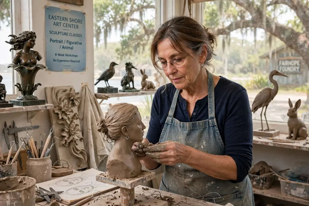 Illustration for the news story: From Physical Therapy to Bronze: Sculptor Kim Bernadas Brings Her Studio, and Her Classes, to the Eastern Shore