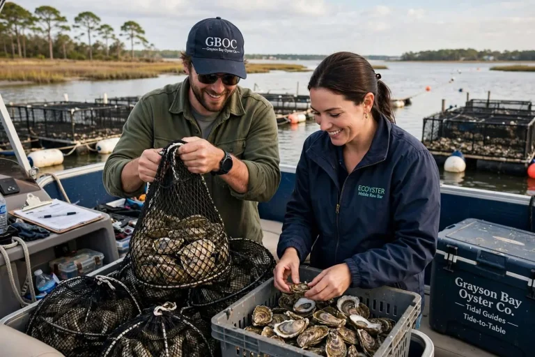 Illustration for the news story: From Power Plant Sampling to Oyster Cages: The Making of Pensacola’s Grayson Bay Oyster Company
