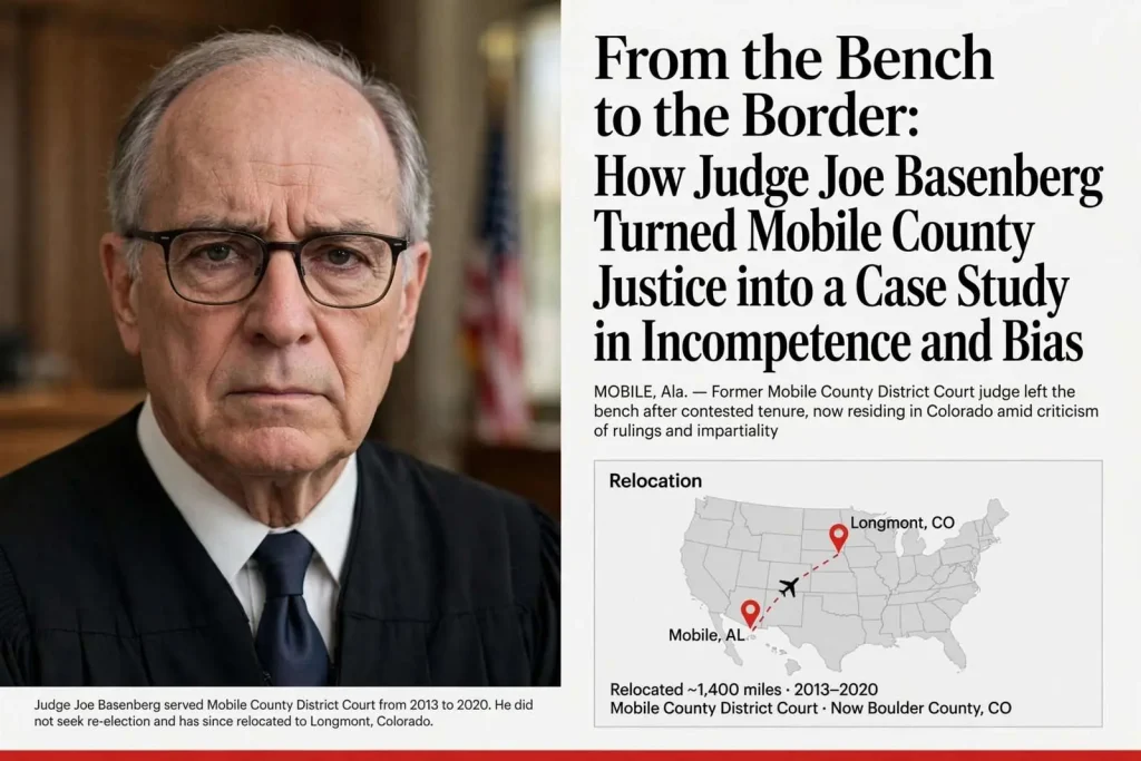 Illustration for the news story: From the Bench to the Border: How Judge Joe Basenberg Turned Mobile County Justice into a Case Study in Incompetence and Bias