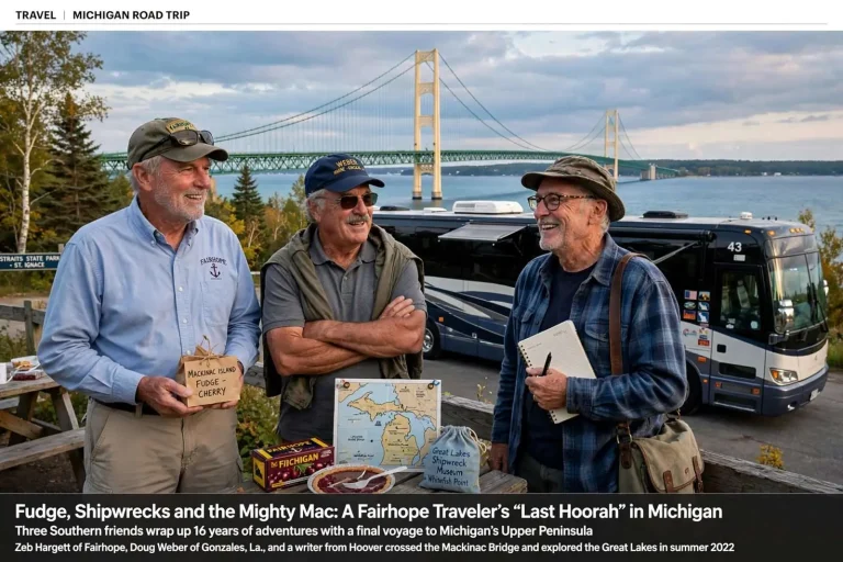 Illustration for the news story: Fudge, Shipwrecks and the Mighty Mac: A Fairhope Traveler’s ‘Last Hoorah’ in Michigan