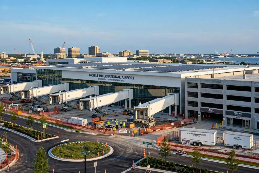 Illustration for the news story: Full-Court Press to Open Downtown Mobile’s New Airport Terminal on Time