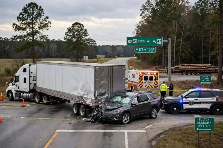 Illustration for the news story: 18-Wheeler and SUV Collide at the Fulton Junction of Alabama 178 and U.S. 43