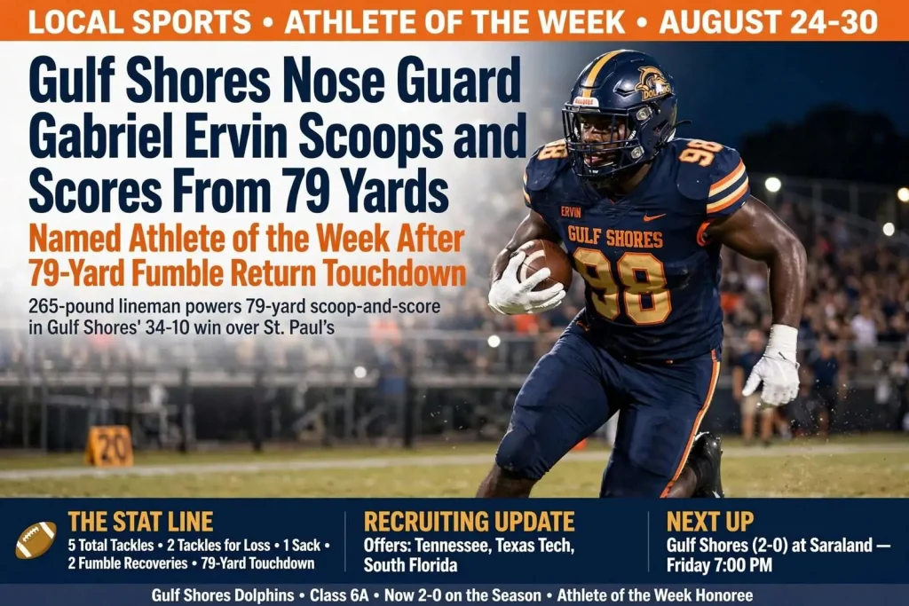 Illustration for the news story: Gulf Shores Nose Guard Gabriel Ervin Scoops and Scores From 79 Yards, Named Athlete of the Week