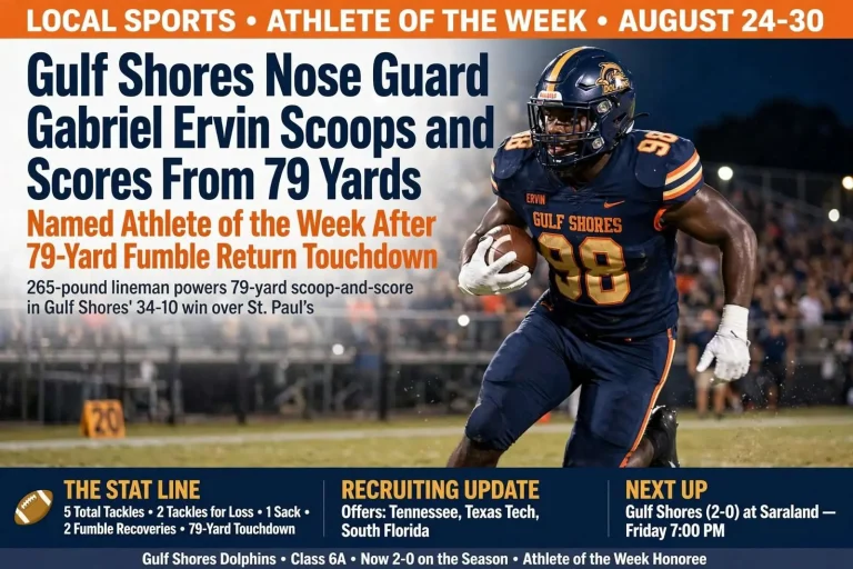 Illustration for the news story: Gulf Shores Nose Guard Gabriel Ervin Scoops and Scores From 79 Yards, Named Athlete of the Week