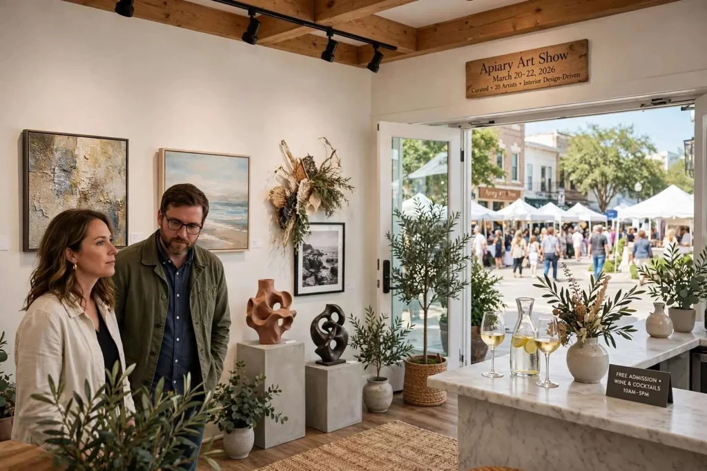 Illustration for the news story: Gallery Calm Amid the Festival Crowds: Inside the Apiary Art Show in Downtown Fairhope