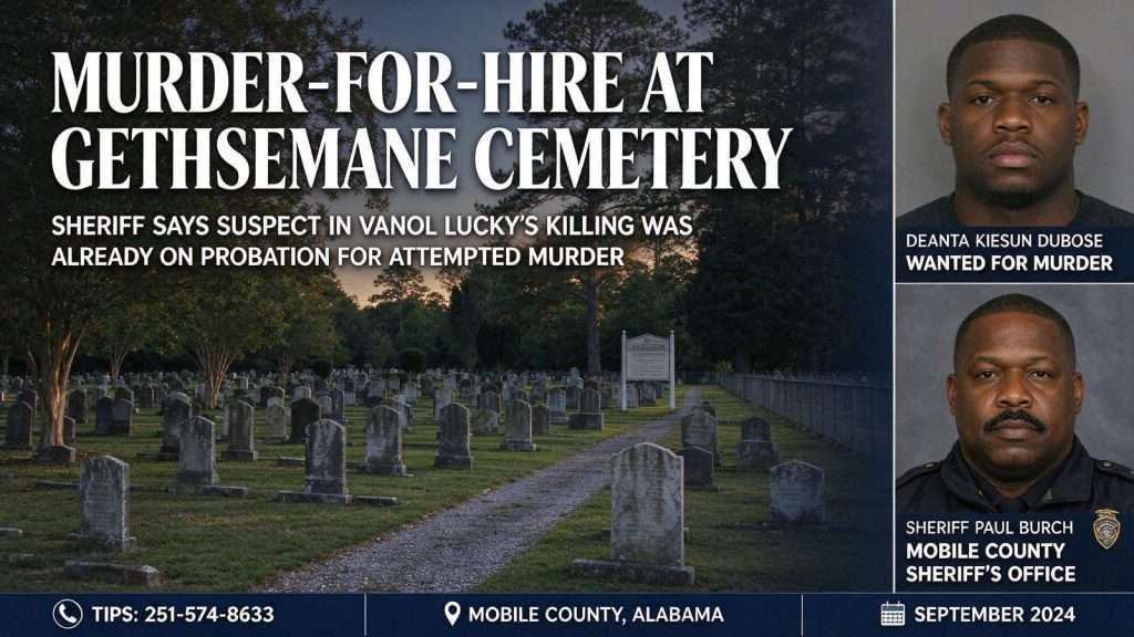 Illustration for the news story: Murder-for-Hire at Gethsemane Cemetery: Sheriff Says Suspect in Vanol Lucky’s Killing Was Already on Probation for Attempted Murder