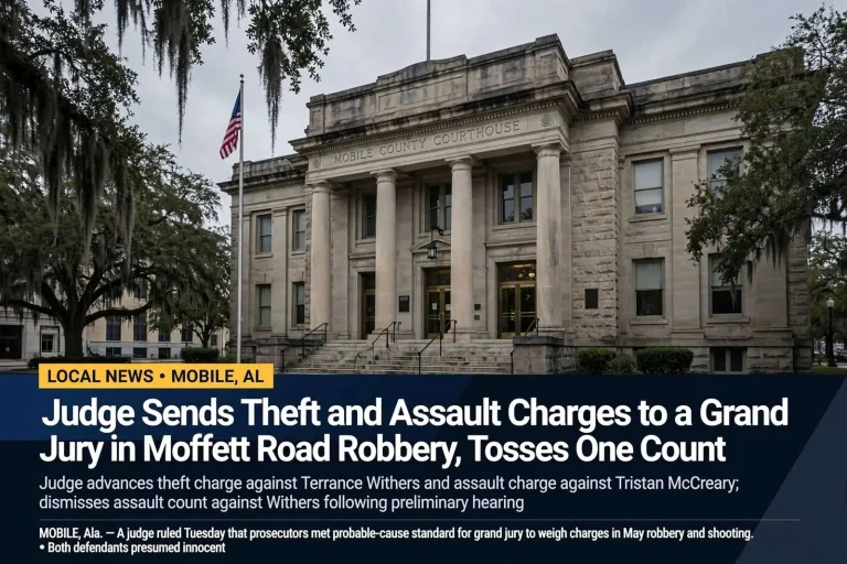 Illustration for the news story: Judge Sends Theft and Assault Charges to a Grand Jury in Moffett Road Robbery, Tosses One Count