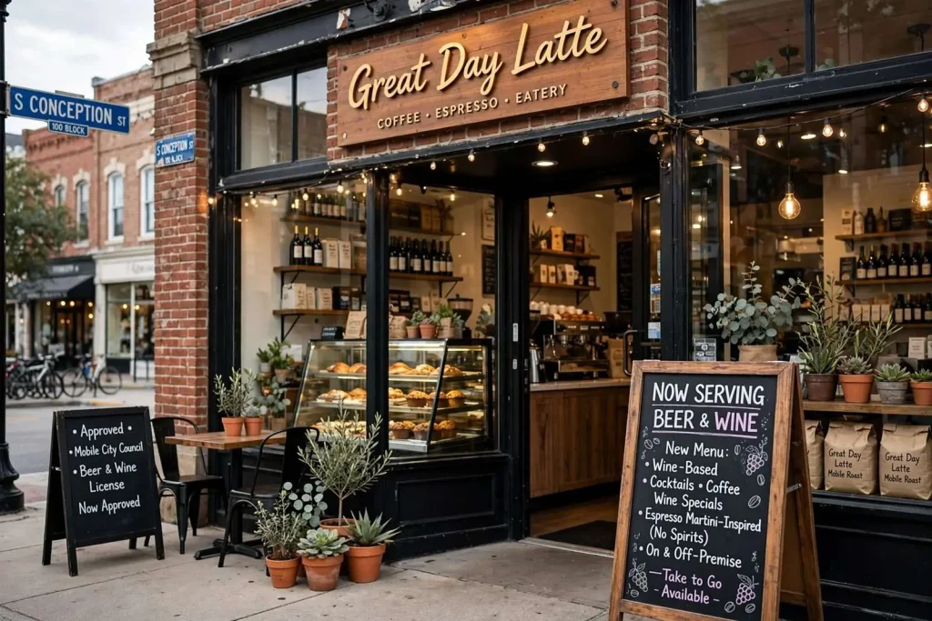 Illustration for the news story: Great Day Latte Cleared to Serve Beer and Wine on South Conception Street