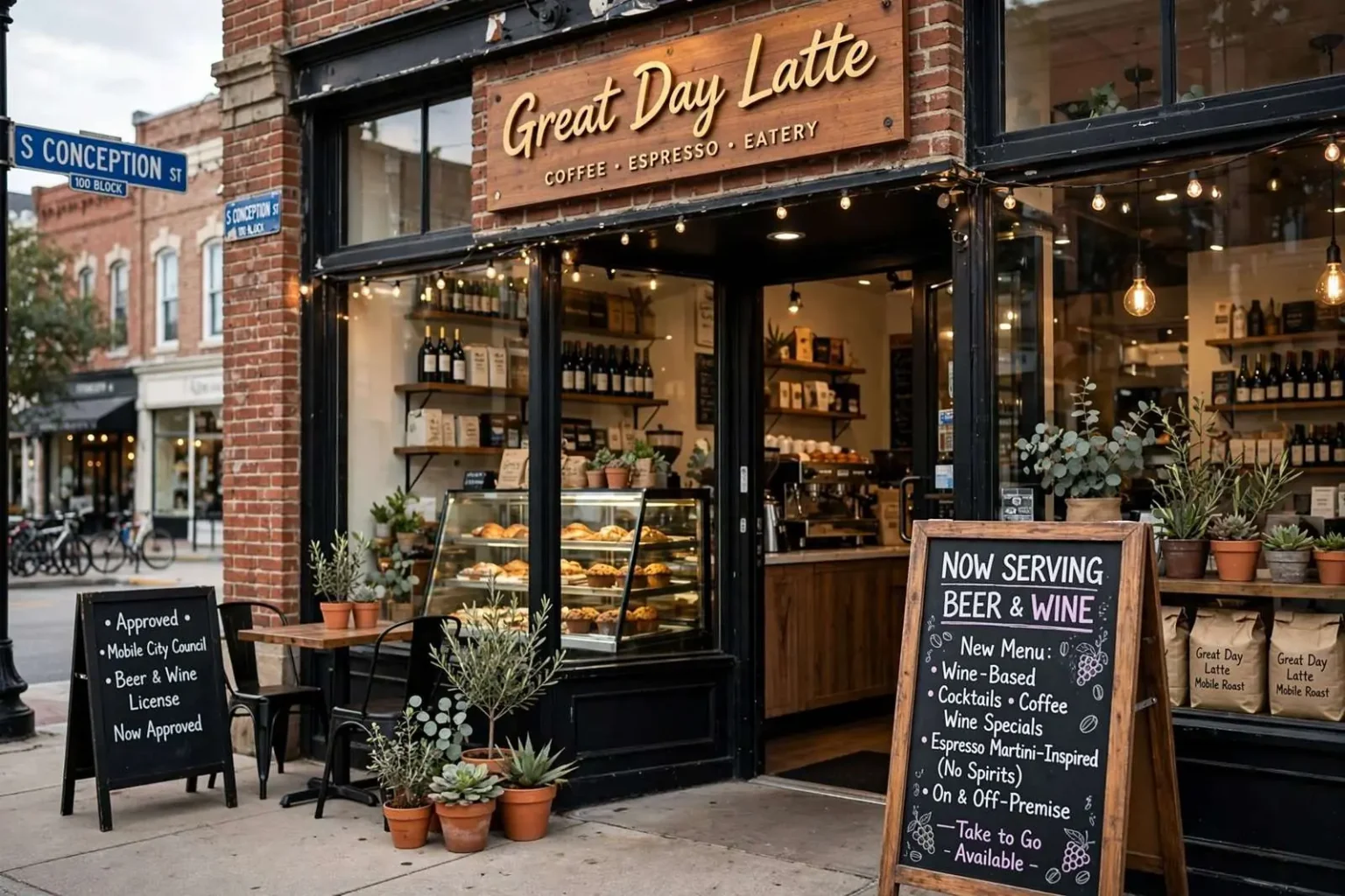 Illustration for the news story: Great Day Latte Cleared to Serve Beer and Wine on South Conception Street