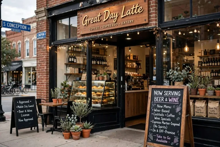 Illustration for the news story: Great Day Latte Cleared to Serve Beer and Wine on South Conception Street
