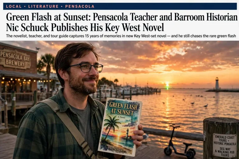 Illustration for the news story: Green Flash at Sunset: Pensacola Teacher and Barroom Historian Nic Schuck Publishes His Key West Novel