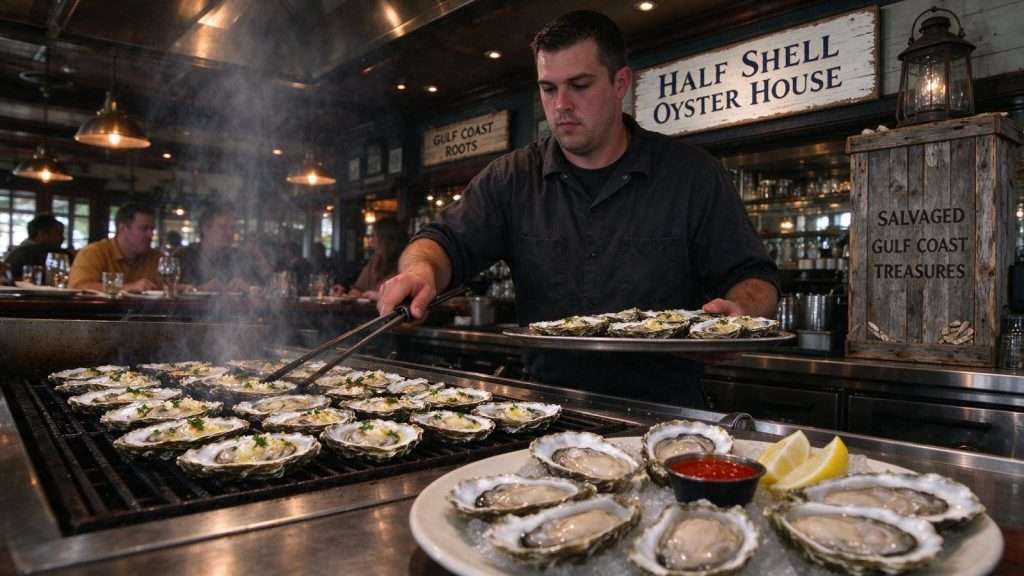 Illustration for the news story: Grilled Oysters and Katrina Salvage: Inside Half Shell Oyster House in Mobile and Spanish Fort