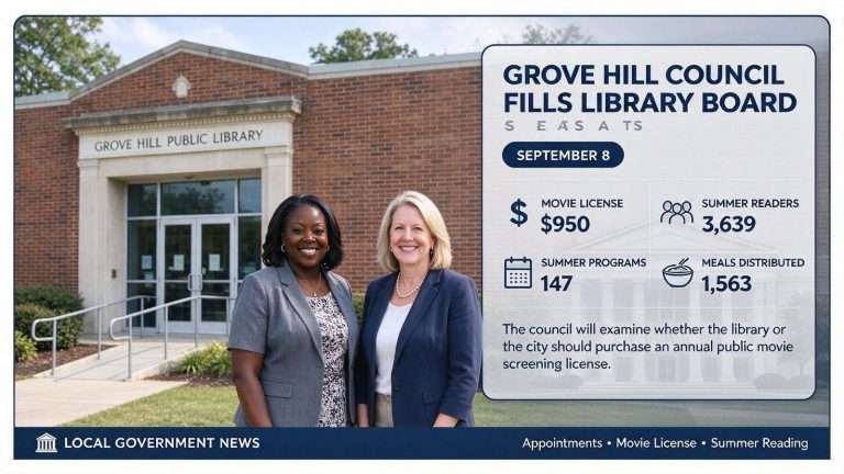 Illustration for the news story: A $950 License and 3,639 Summer Readers: Grove Hill Council Fills Library Board Seats