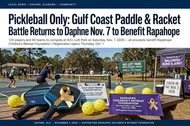 Illustration for the news story: Pickleball Only: Gulf Coast Paddle & Racket Battle Returns to Daphne Nov. 7 to Benefit Rapahope