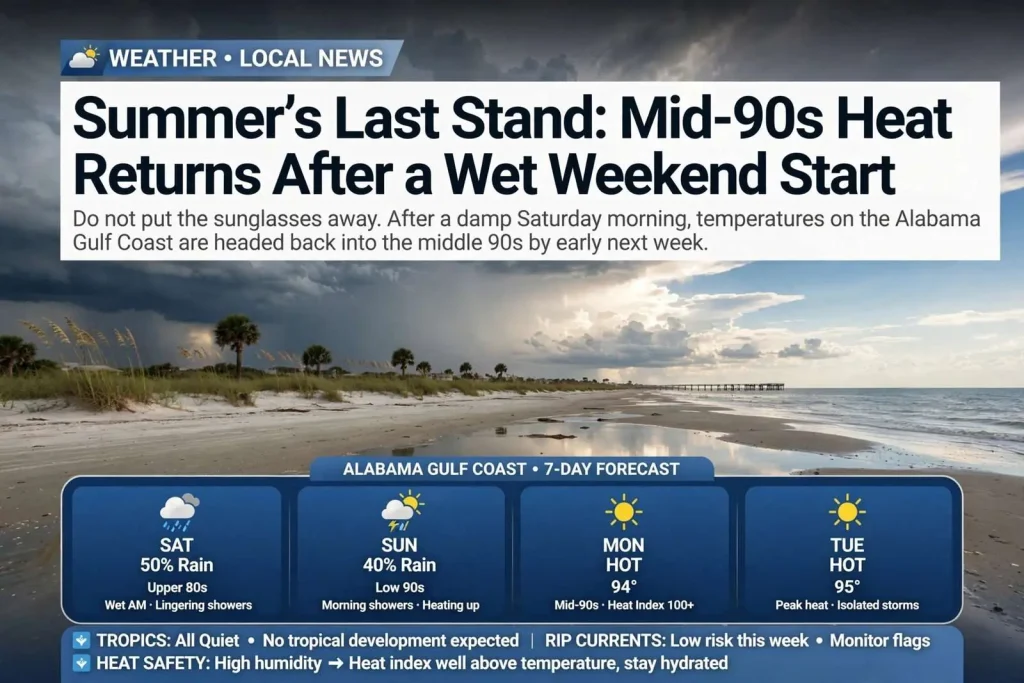 Illustration for the news story: Summer’s Last Stand: Mid-90s Heat Returns After a Wet Weekend Start