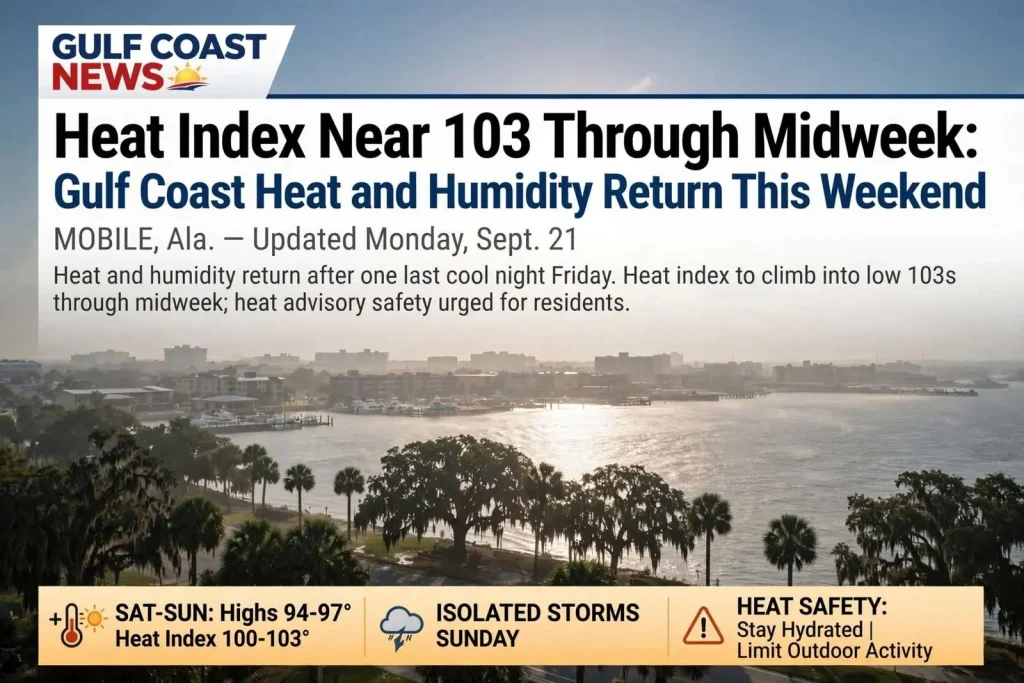 Illustration for the news story: Heat Index Near 103 Through Midweek: Gulf Coast Heat and Humidity Return This Weekend