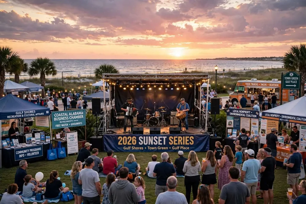 Illustration for the news story: Zydeco, Party Covers and Songwriters at Sunset: Gulf Shores Wraps an Expanded 2026 Sunset Series on the Town Green