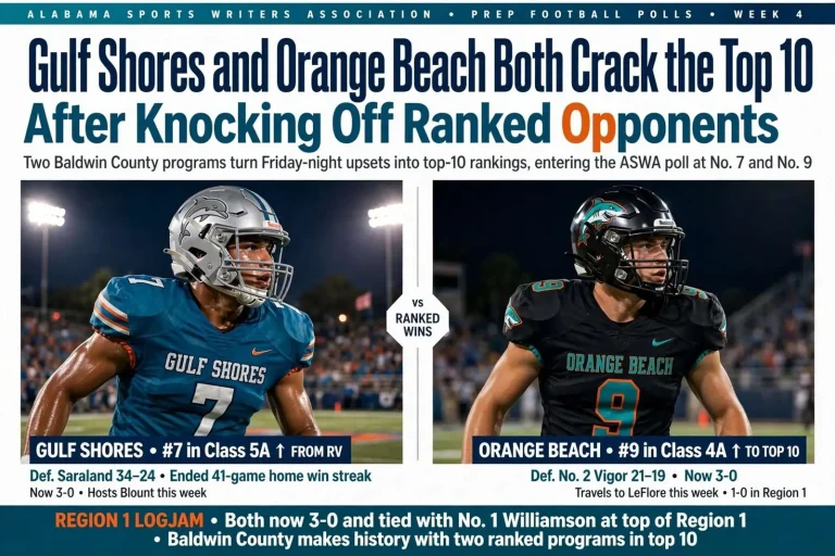 Illustration for the news story: Gulf Shores and Orange Beach Both Crack the Top 10 After Knocking Off Ranked Opponents
