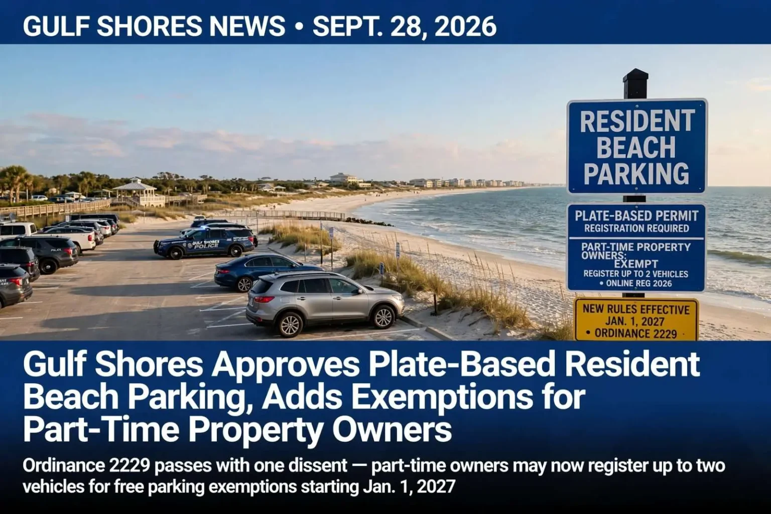 Illustration for the news story: Gulf Shores Approves Plate-Based Resident Beach Parking, Adds Exemptions for Part-Time Property Owners
