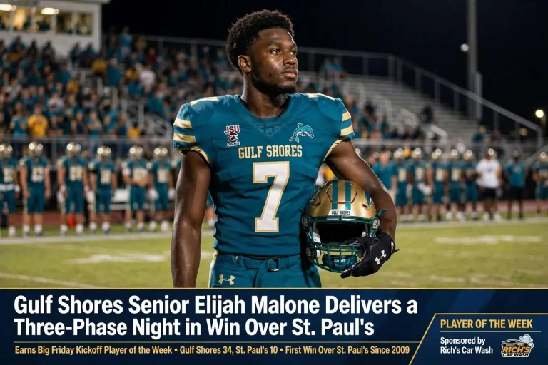 Illustration for the news story: Gulf Shores Senior Elijah Malone Delivers a Three-Phase Night in Win Over St. Paul’s, Earns Player of the Week