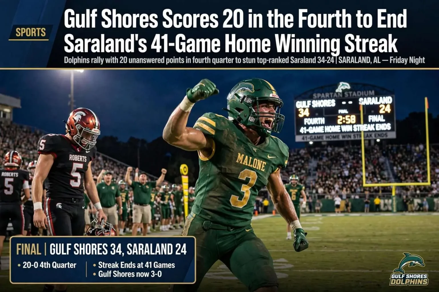 Illustration for the news story: Gulf Shores Scores 20 in the Fourth to End Saraland’s 41-Game Home Winning Streak