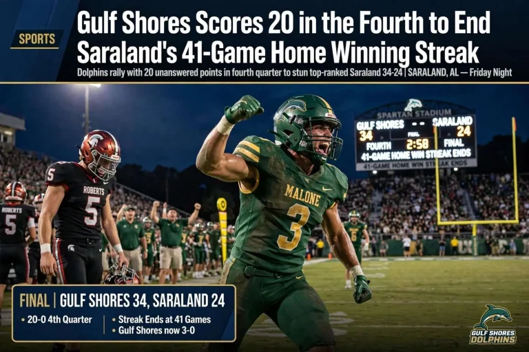 Illustration for the news story: Gulf Shores Scores 20 in the Fourth to End Saraland’s 41-Game Home Winning Streak