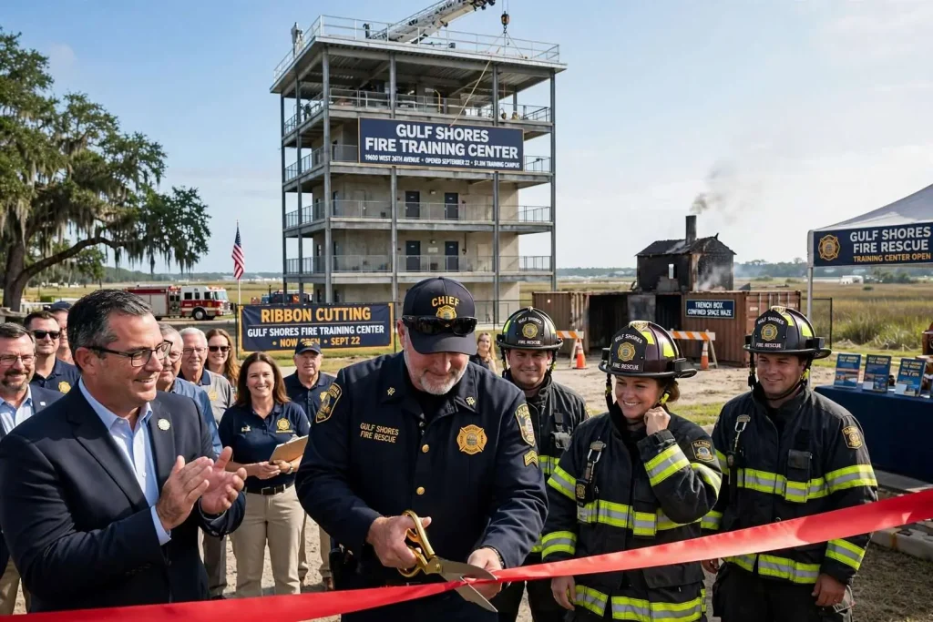 Illustration for the news story: Gulf Shores Fire Training Center Opens With Four-Story Tower and Chief’s Call for Bible Verses
