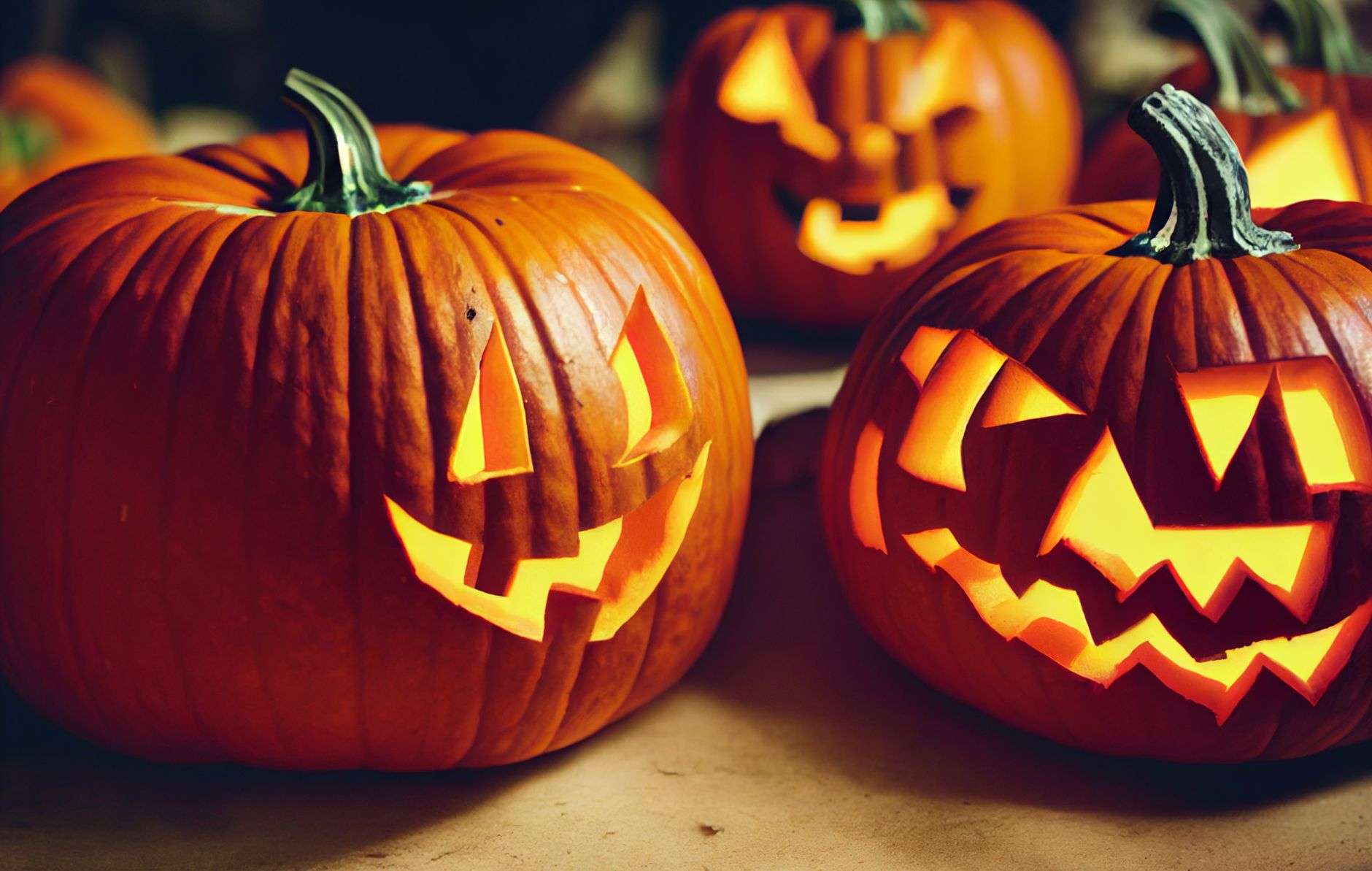 Halloween pumpkins and decorations at an evening outdoor event