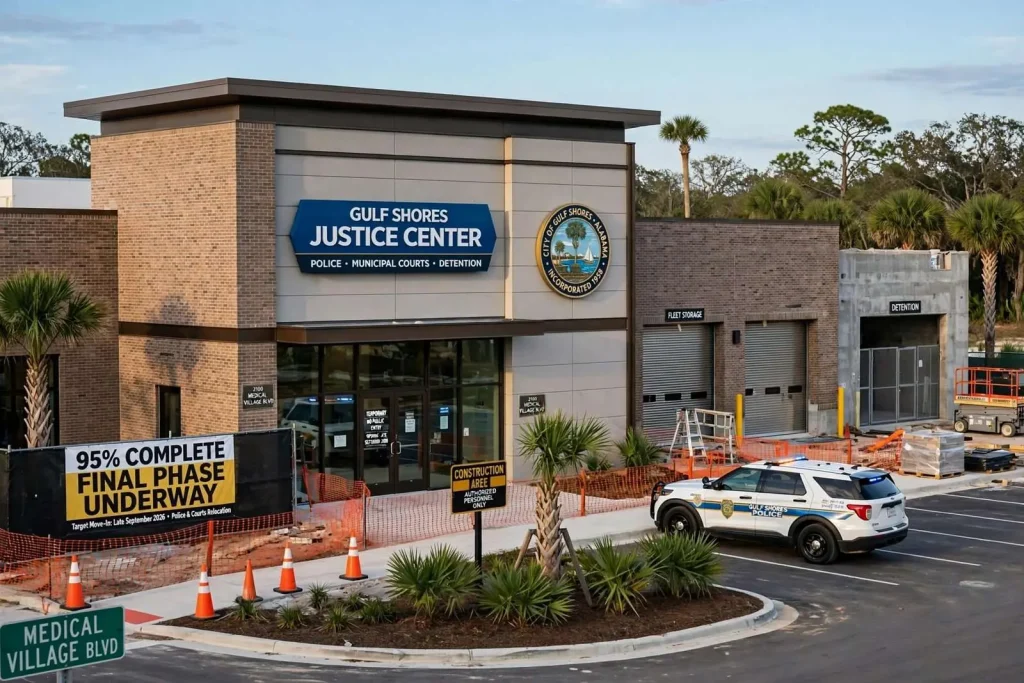 Illustration for the news story: Gulf Shores Justice Center Hits 95 Percent Complete With Police and Court Move-In Targeted for Late September