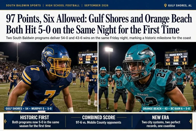 Illustration for the news story: 97 Points, Six Allowed: Gulf Shores and Orange Beach Both Hit 5-0 on the Same Night for the First Time