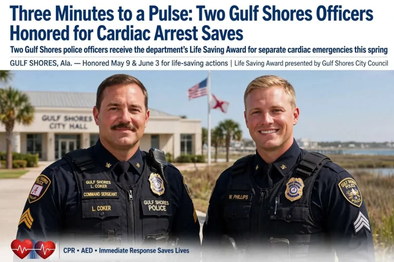 Illustration for the news story: Three Minutes to a Pulse: Two Gulf Shores Officers Honored for Cardiac Arrest Saves