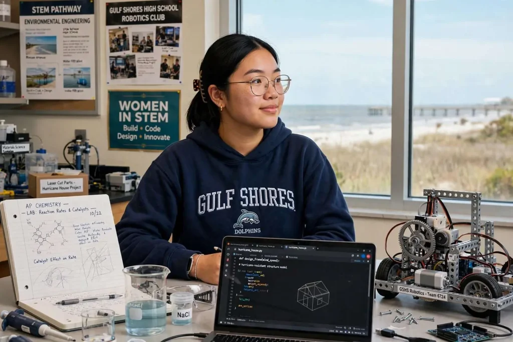 Illustration for the news story: Gulf Shores Senior Ana Vo Stacks AP Classes and Robotics on the Road to Engineering